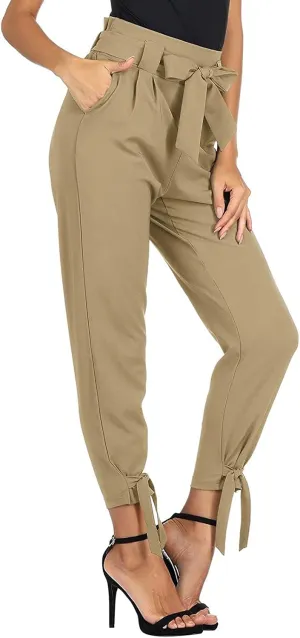 Womens Business Casual Pants High Waist Pencil Pants Bow-Knot Drawstring Office Work Ankle Trousers with Pockets