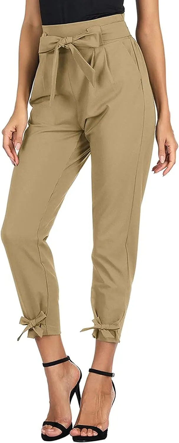 Womens Business Casual Pants High Waist Pencil Pants Bow-Knot Drawstring Office Work Ankle Trousers with Pockets