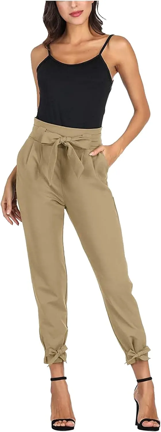 Womens Business Casual Pants High Waist Pencil Pants Bow-Knot Drawstring Office Work Ankle Trousers with Pockets