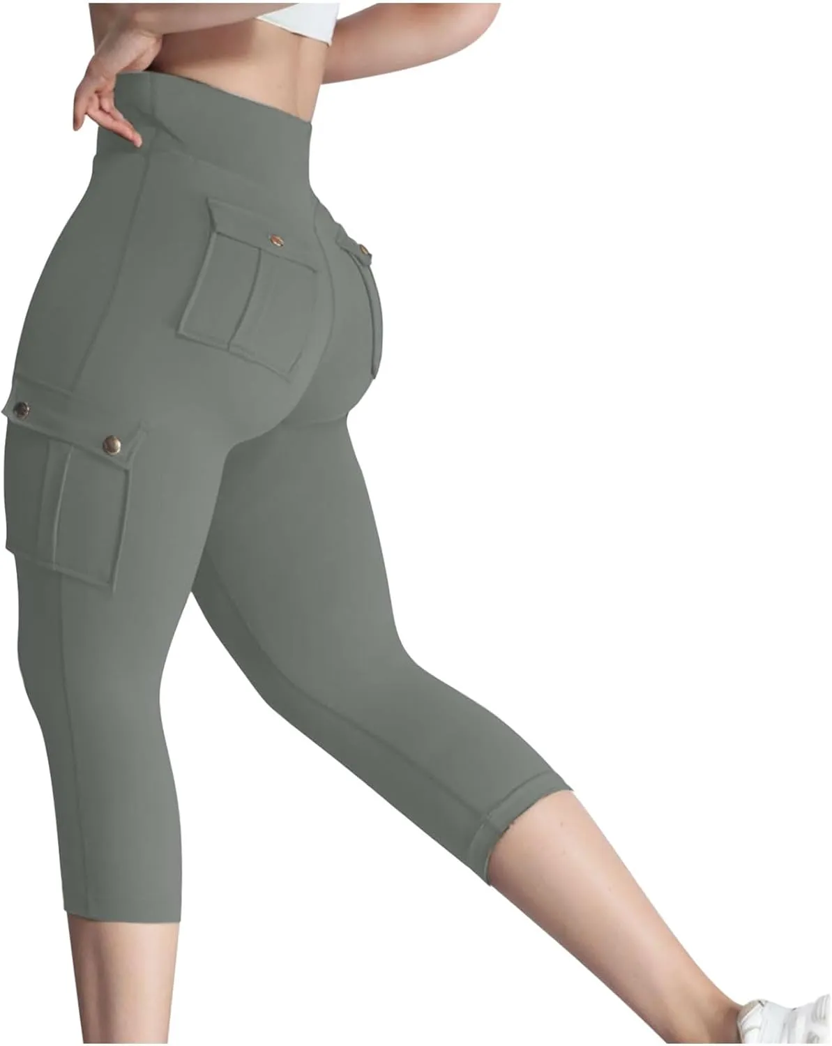 Women's Butt Lifting Biker Capri Cargo High Waist Flap Pocket Workout Capris Causal Athletic Gym Training Sweatpant