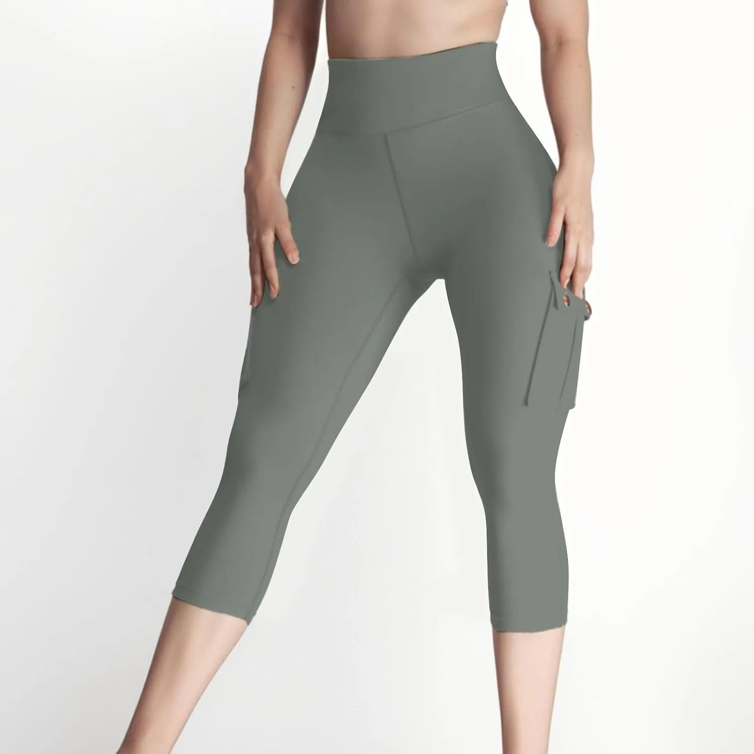 Women's Butt Lifting Biker Capri Cargo High Waist Flap Pocket Workout Capris Causal Athletic Gym Training Sweatpant