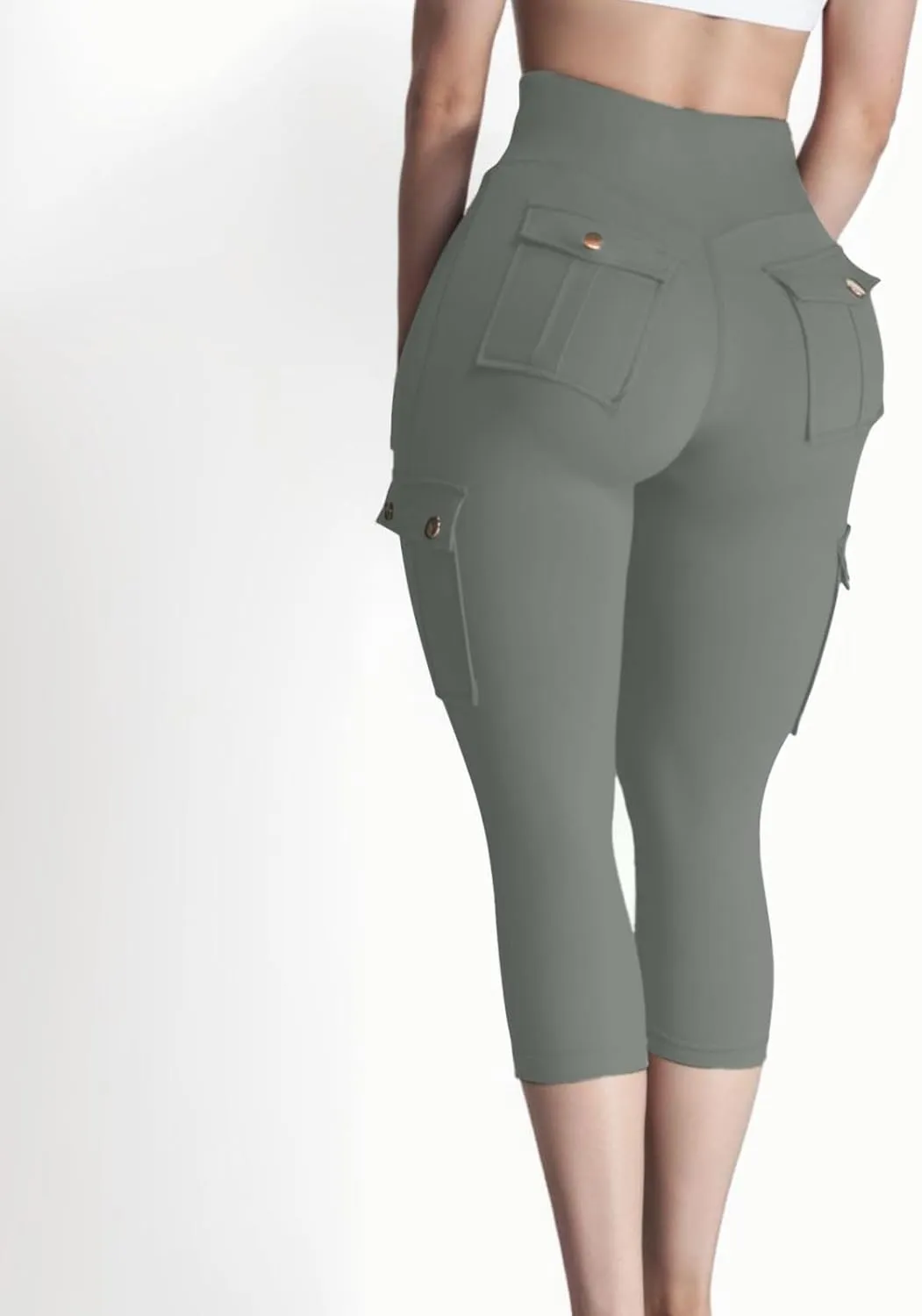 Women's Butt Lifting Biker Capri Cargo High Waist Flap Pocket Workout Capris Causal Athletic Gym Training Sweatpant