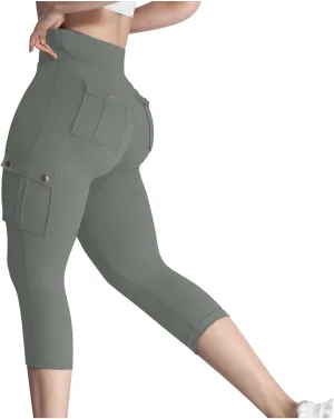 Women's Butt Lifting Biker Capri Cargo High Waist Flap Pocket Workout Capris Causal Athletic Gym Training Sweatpant