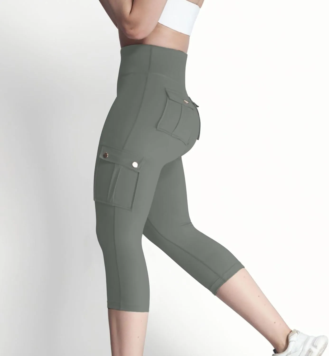 Women's Butt Lifting Biker Capri Cargo High Waist Flap Pocket Workout Capris Causal Athletic Gym Training Sweatpant