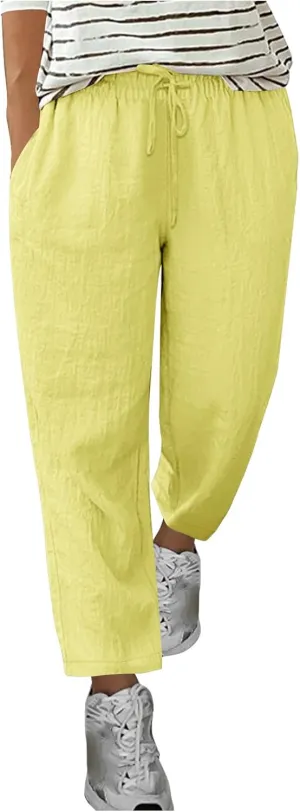 Womens Casual Cotton Linen Pants Lightweight Summer Relax Fit Drawstring Waist Plus Size Solid Lounge Long Trousers