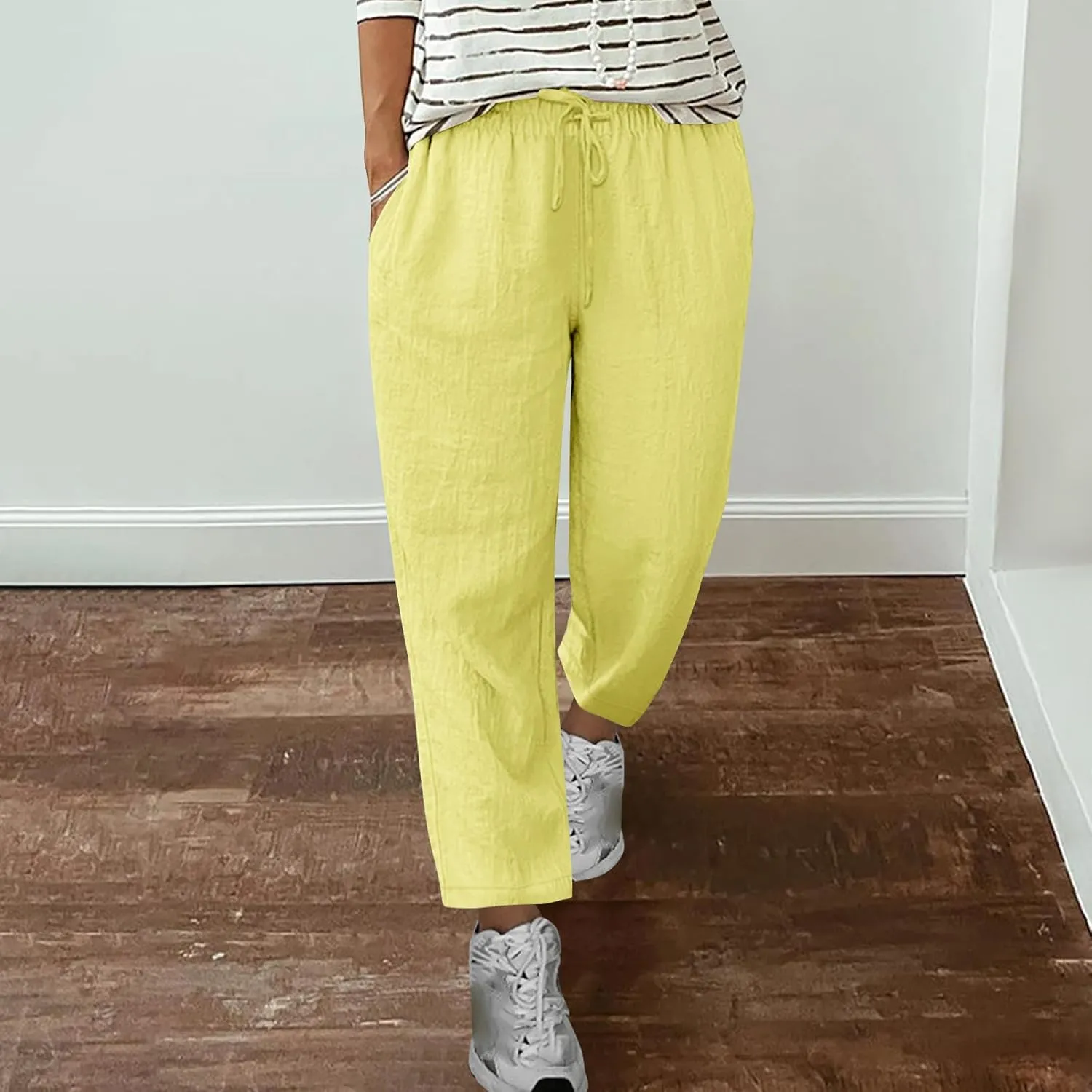 Womens Casual Cotton Linen Pants Lightweight Summer Relax Fit Drawstring Waist Plus Size Solid Lounge Long Trousers