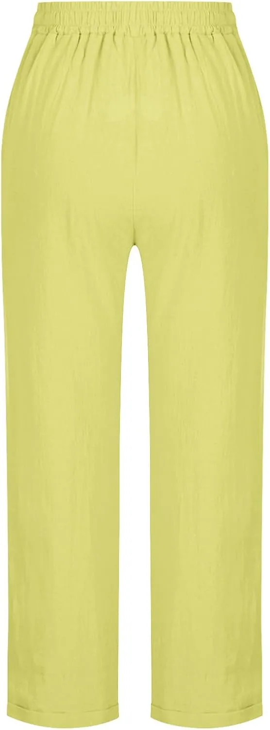 Womens Casual Cotton Linen Pants Lightweight Summer Relax Fit Drawstring Waist Plus Size Solid Lounge Long Trousers