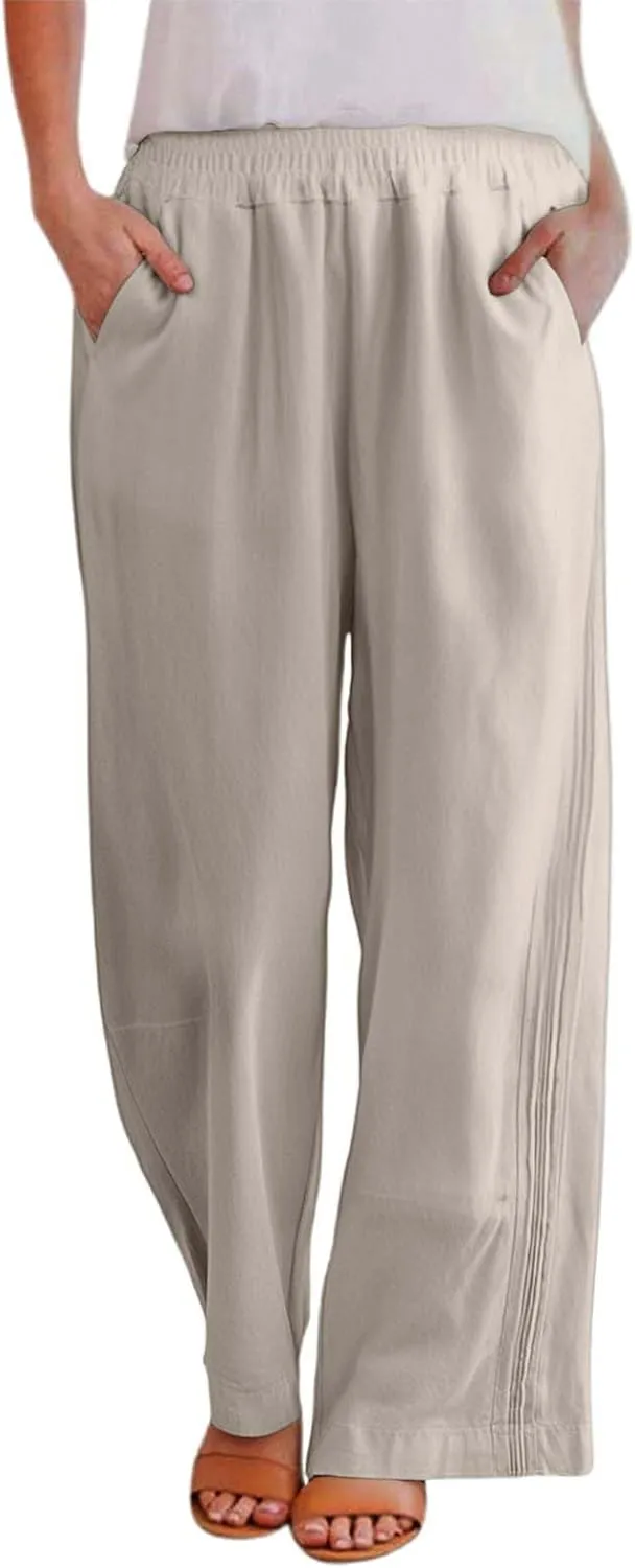Women's Casual Cotton Linen Pants Summer Lightweight Elastic Waist Long Pants Relax Fit Straight Leg Lounge Trousers Pocket