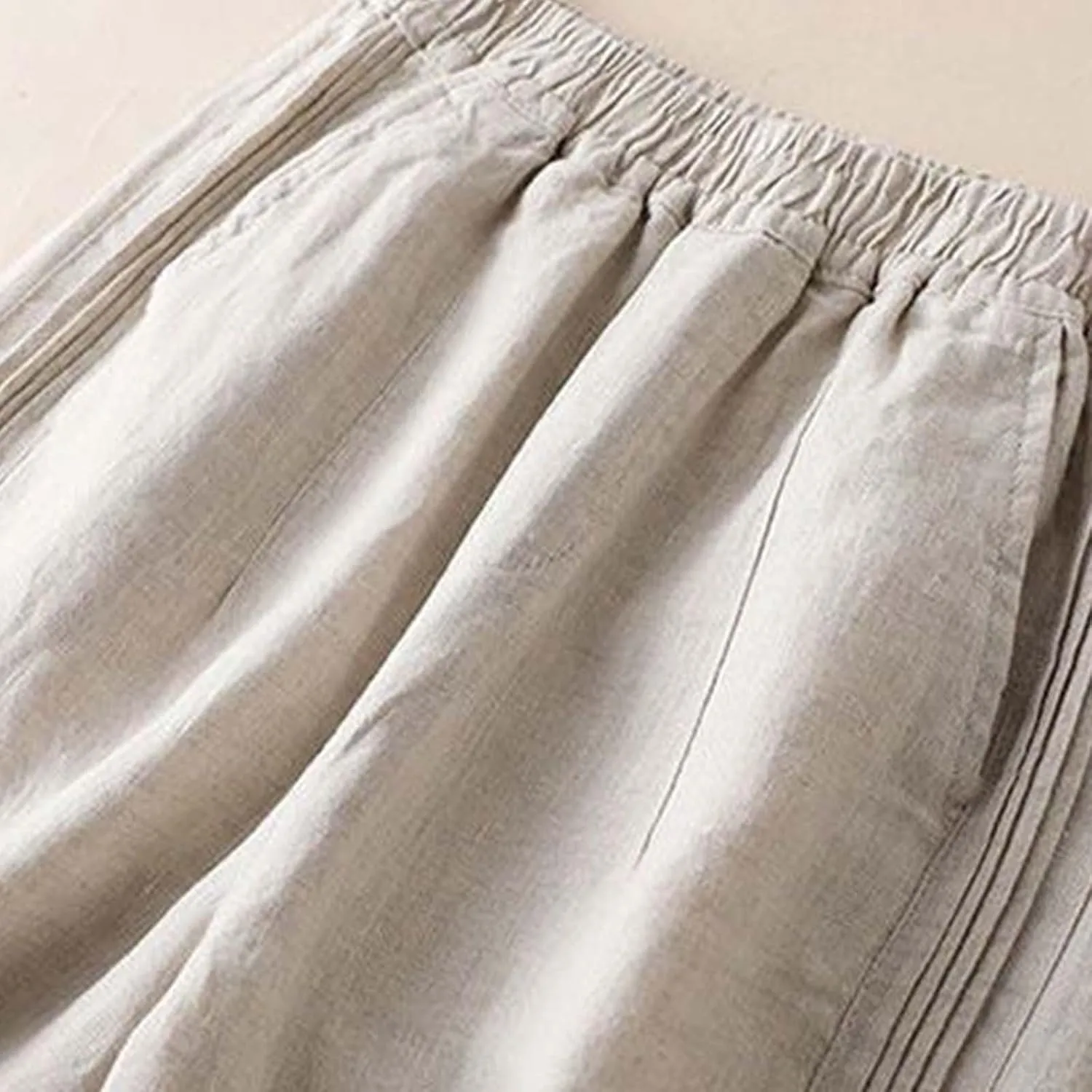 Women's Casual Cotton Linen Pants Summer Lightweight Elastic Waist Long Pants Relax Fit Straight Leg Lounge Trousers Pocket