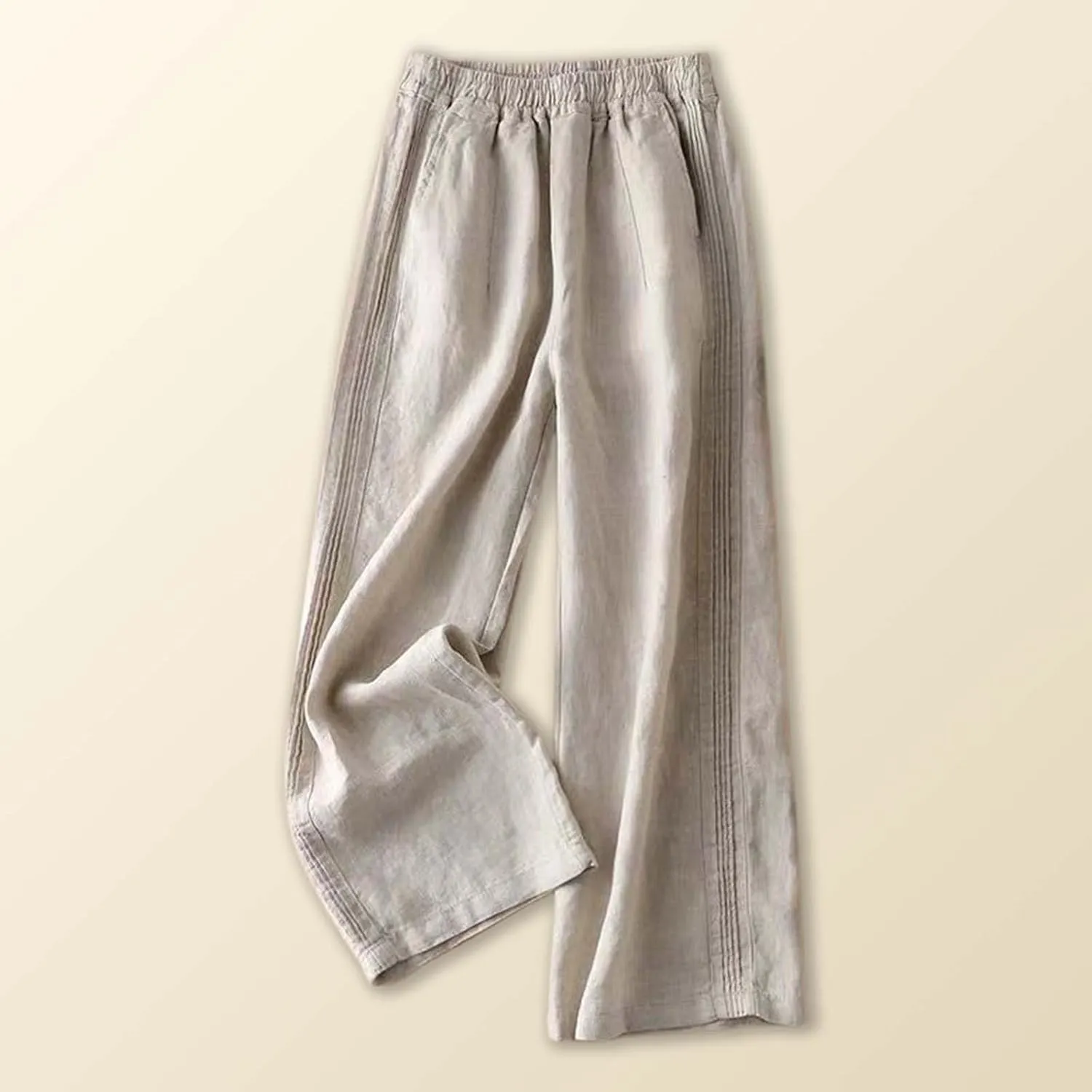 Women's Casual Cotton Linen Pants Summer Lightweight Elastic Waist Long Pants Relax Fit Straight Leg Lounge Trousers Pocket