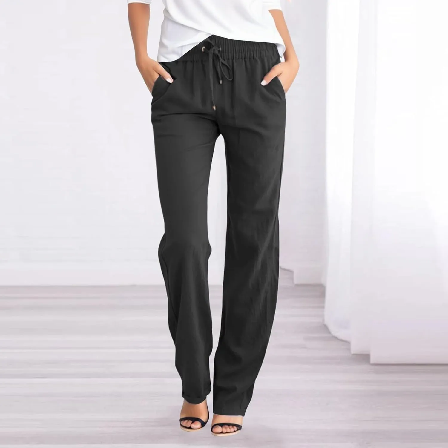 Womens Casual Linen High Waist Pants, Straight Leg Drawstring Loose Summer Holiday Solid Color Elastic Trousers Pockets