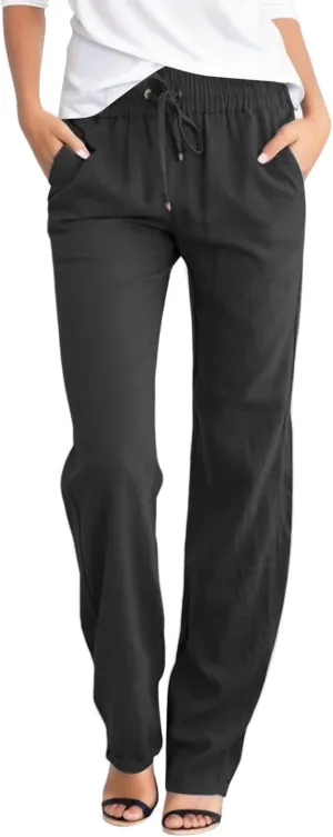 Womens Casual Linen High Waist Pants, Straight Leg Drawstring Loose Summer Holiday Solid Color Elastic Trousers Pockets