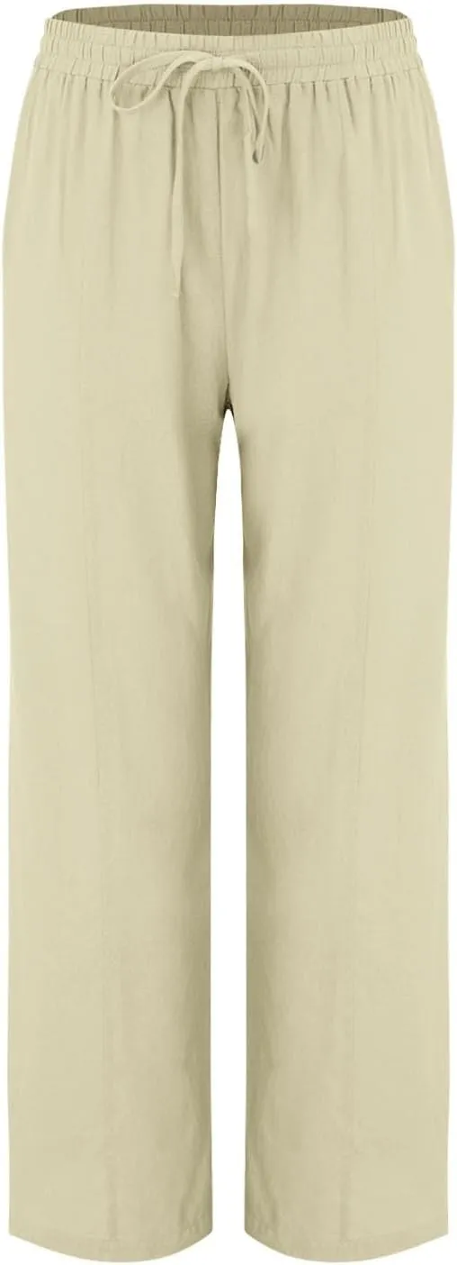 Womens Casual Linen High Waist Pants Wide Leg Drawstring Loose Fit Summer Trousers Summer Beach Pant with Side Pocket