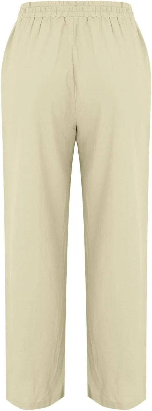 Womens Casual Linen High Waist Pants Wide Leg Drawstring Loose Fit Summer Trousers Summer Beach Pant with Side Pocket