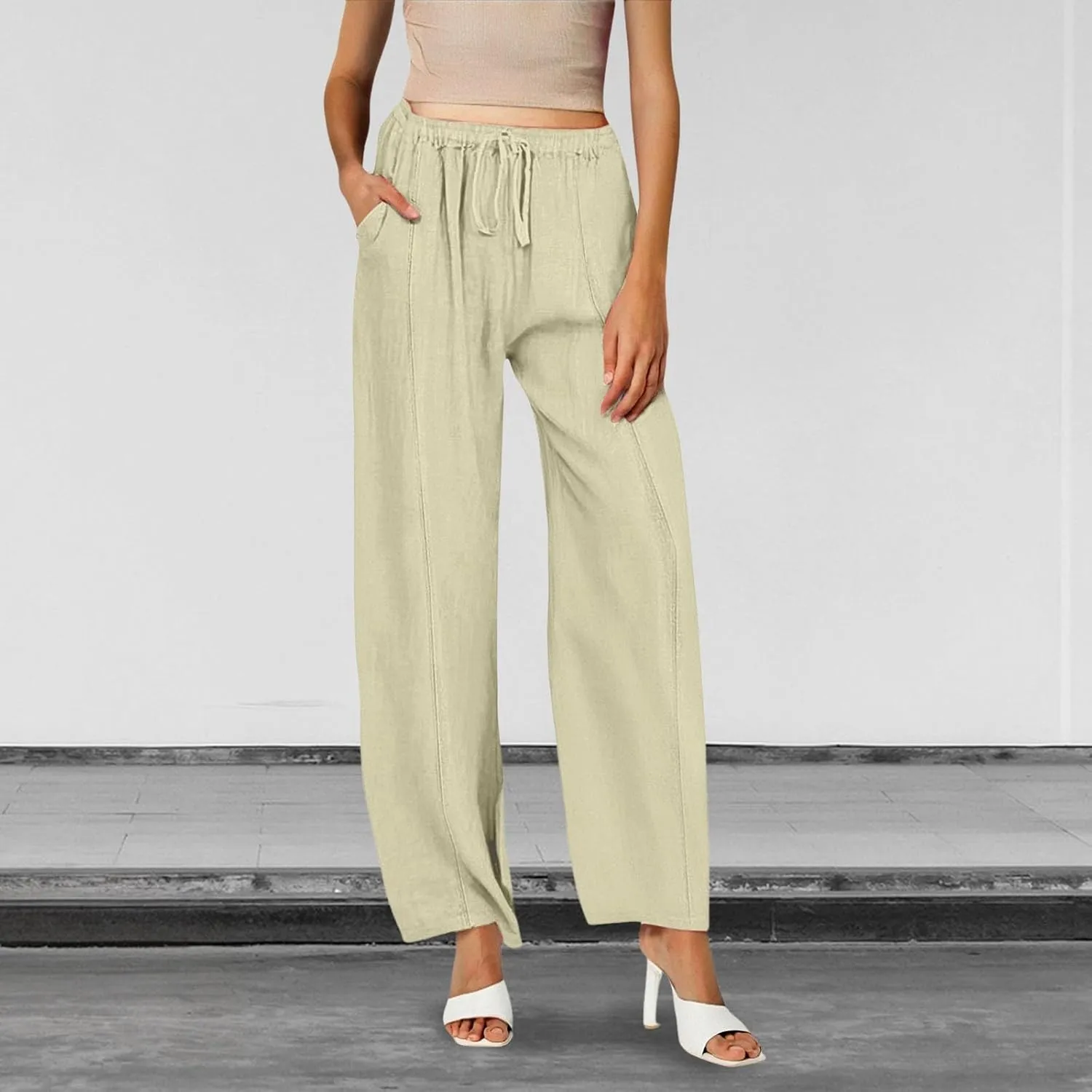 Womens Casual Linen High Waist Pants Wide Leg Drawstring Loose Fit Summer Trousers Summer Beach Pant with Side Pocket