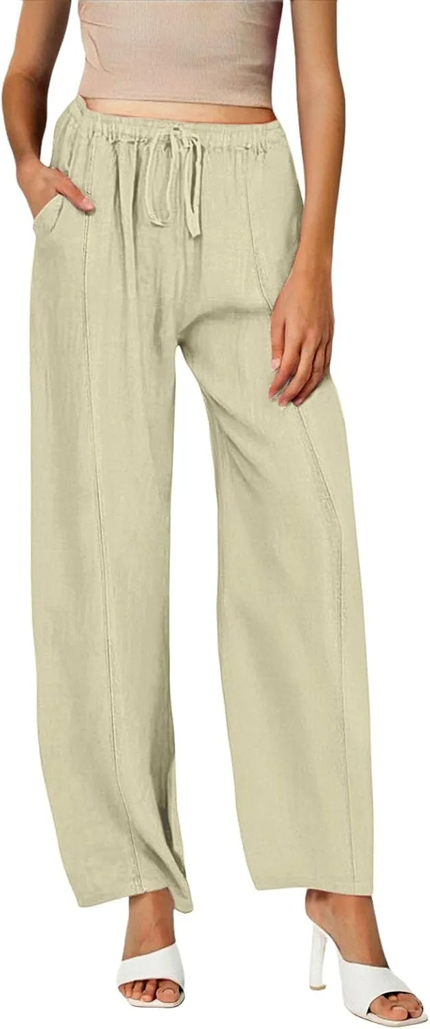 Womens Casual Linen High Waist Pants Wide Leg Drawstring Loose Fit Summer Trousers Summer Beach Pant with Side Pocket
