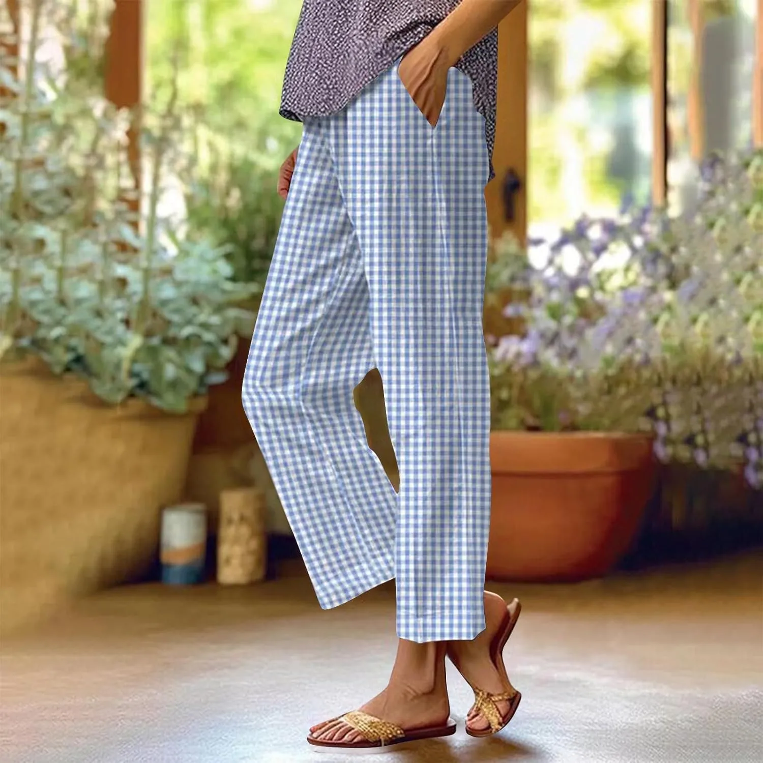 Women's Casual Plaid Pants Summer High Waist Comfort Athletic Trousers Fashion Loose Comfy Lounge Pant with Pocket