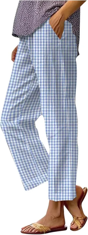 Women's Casual Plaid Pants Summer High Waist Comfort Athletic Trousers Fashion Loose Comfy Lounge Pant with Pocket