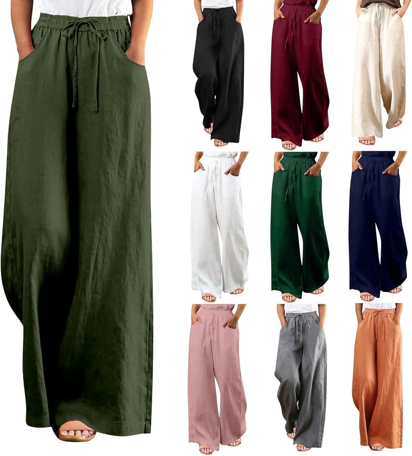 Women's Casual Solid Color Cotton Linen Pants Drawstring High Waisted Wide Leg Loose Fit Pocket Lounge Palazzo Trousers