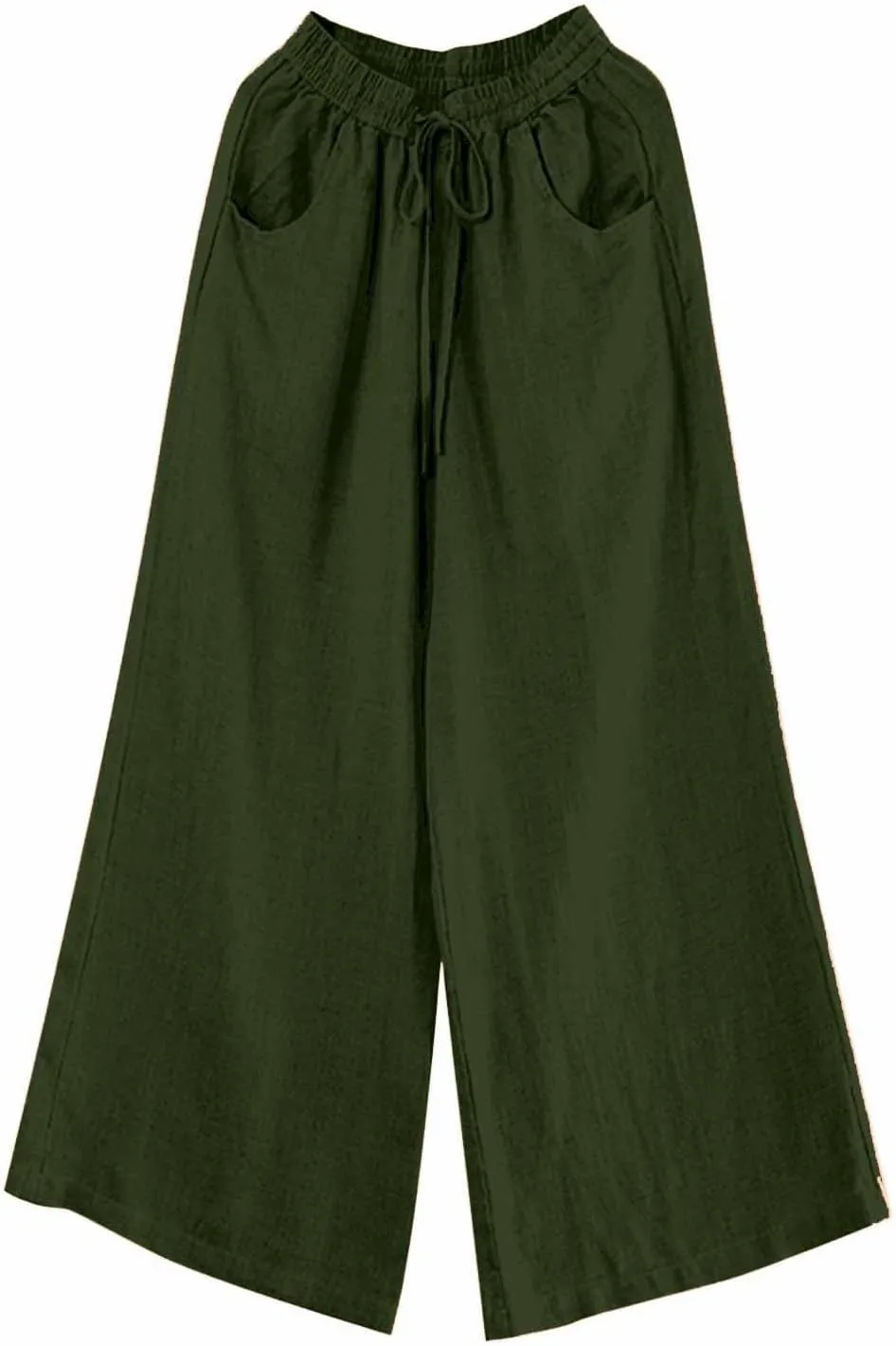 Women's Casual Solid Color Cotton Linen Pants Drawstring High Waisted Wide Leg Loose Fit Pocket Lounge Palazzo Trousers