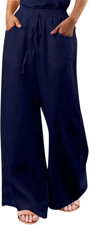 Women's Casual Solid Color Cotton Linen Pants Drawstring High Waisted Wide Leg Loose Fit Pocket Lounge Palazzo Trousers