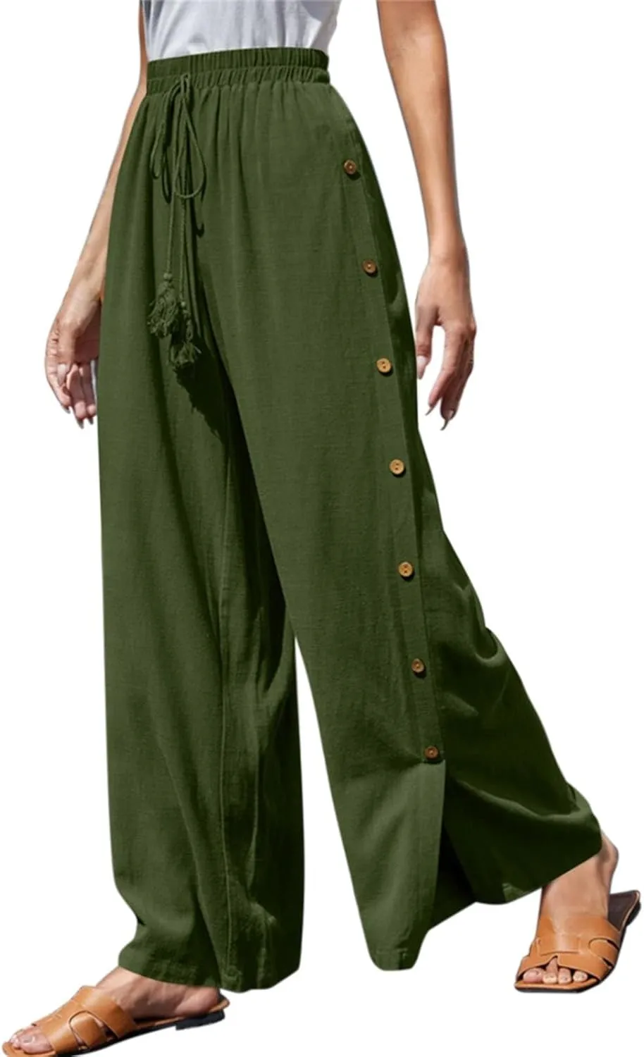 Women's Casual Solid Side Split Palazzo Pants Loose Elastic High Waist Tie Drawstring Wide Leg Flowy Lounge Bottoms Trousers