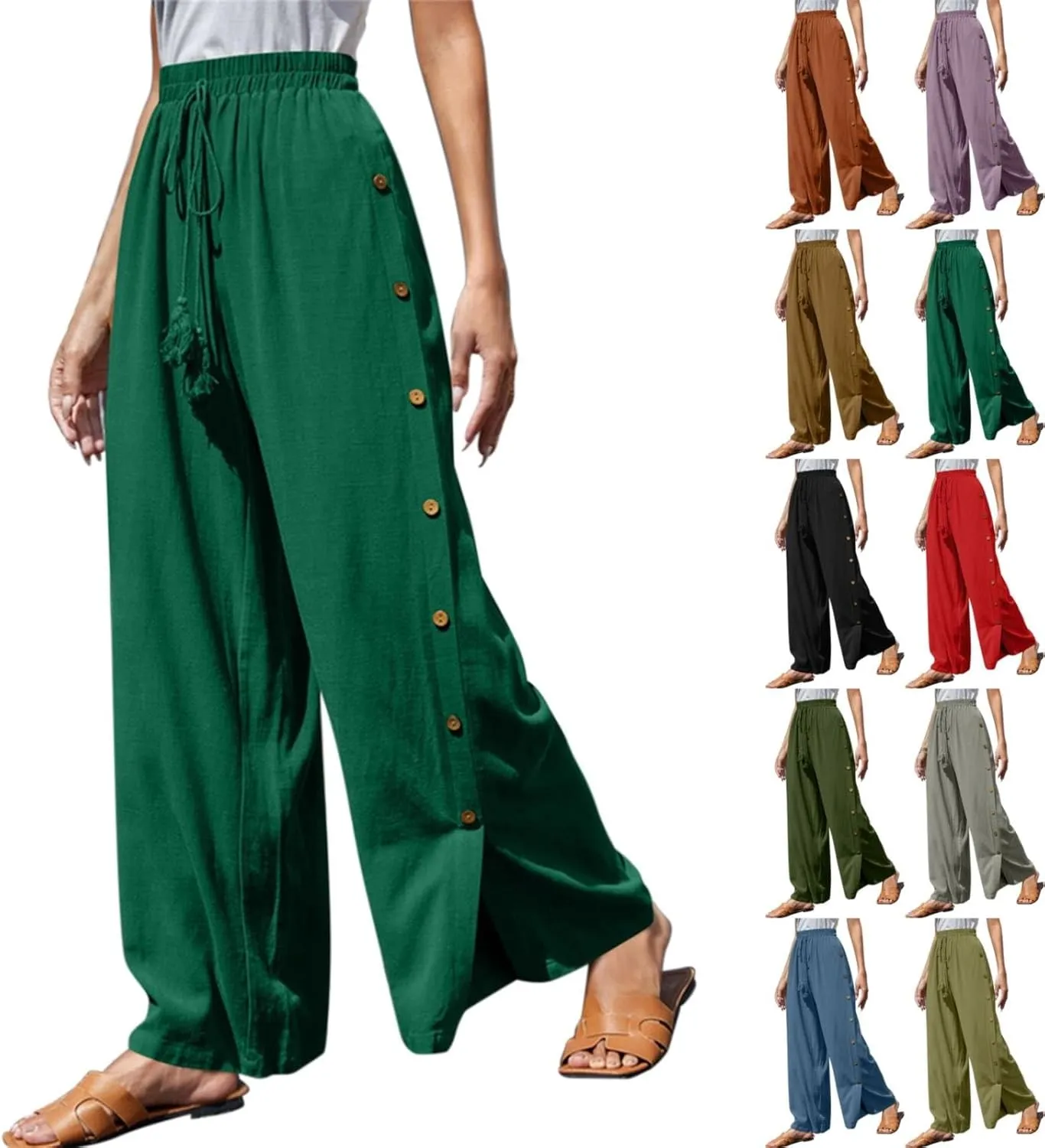 Women's Casual Solid Side Split Palazzo Pants Loose Elastic High Waist Tie Drawstring Wide Leg Flowy Lounge Bottoms Trousers
