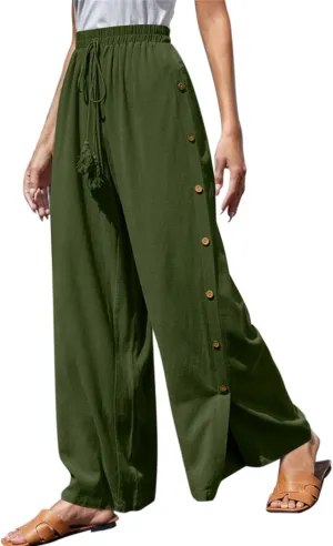 Women's Casual Solid Side Split Palazzo Pants Loose Elastic High Waist Tie Drawstring Wide Leg Flowy Lounge Bottoms Trousers