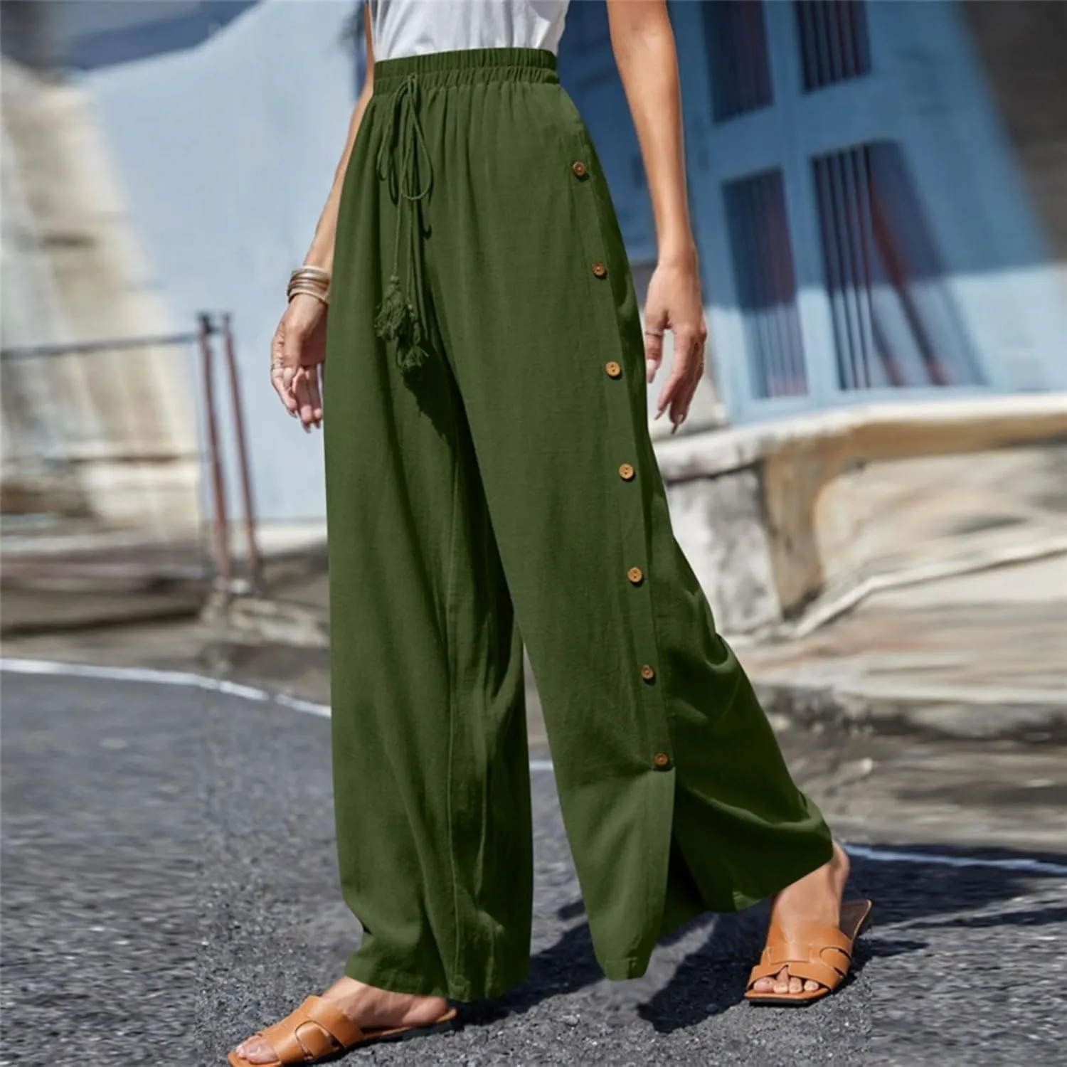 Women's Casual Solid Side Split Palazzo Pants Loose Elastic High Waist Tie Drawstring Wide Leg Flowy Lounge Bottoms Trousers