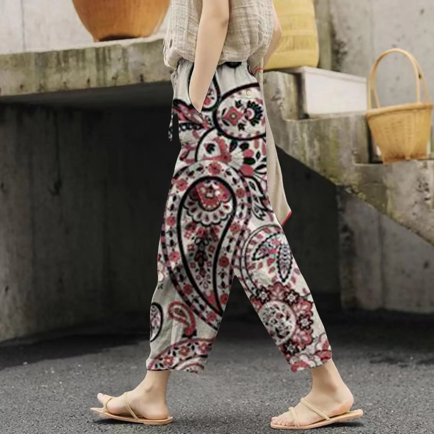 Women's Clothing Summer Casual Drawstring Pants Flowy Wide Leg Beach Trousers with Pockets Fleece Lined Leggings