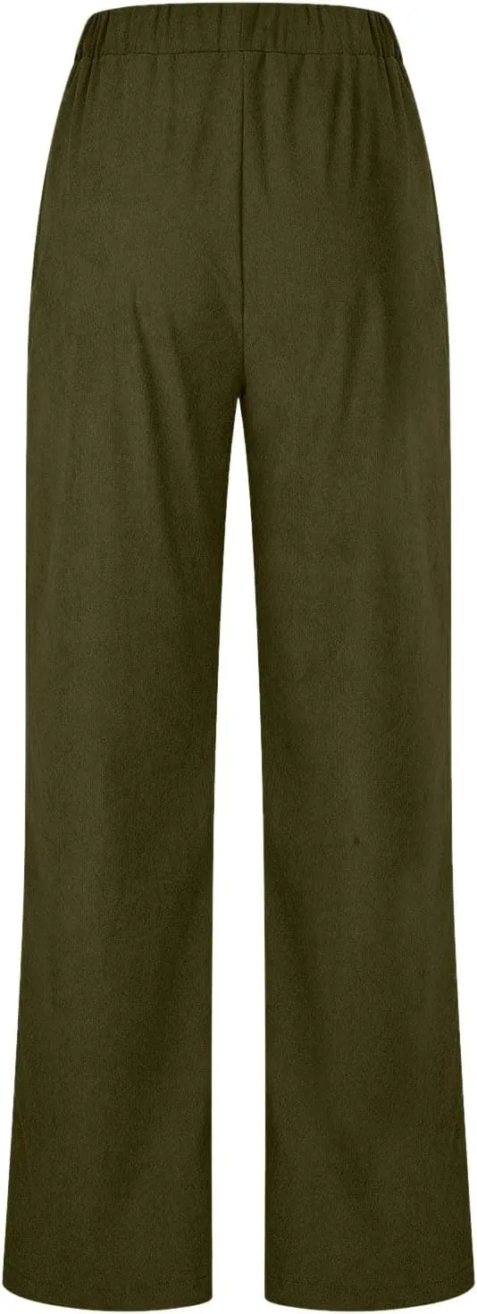 Women's Corduroy Pants High Rise Elastic Waist Straight Leg Pants Pull On Business Casual Trouser with Pockets