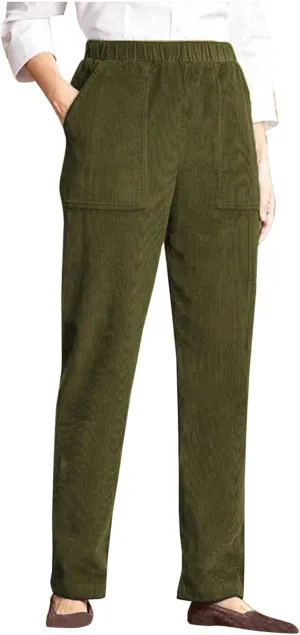 Women's Corduroy Pants High Rise Elastic Waist Straight Leg Pants Pull On Business Casual Trouser with Pockets