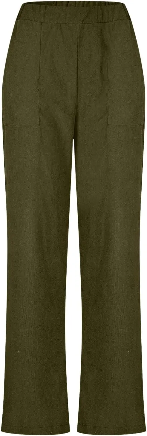 Women's Corduroy Pants High Rise Elastic Waist Straight Leg Pants Pull On Business Casual Trouser with Pockets