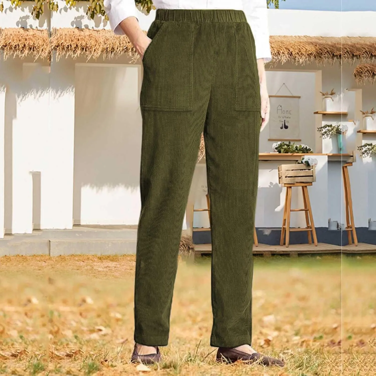 Women's Corduroy Pants High Rise Elastic Waist Straight Leg Pants Pull On Business Casual Trouser with Pockets