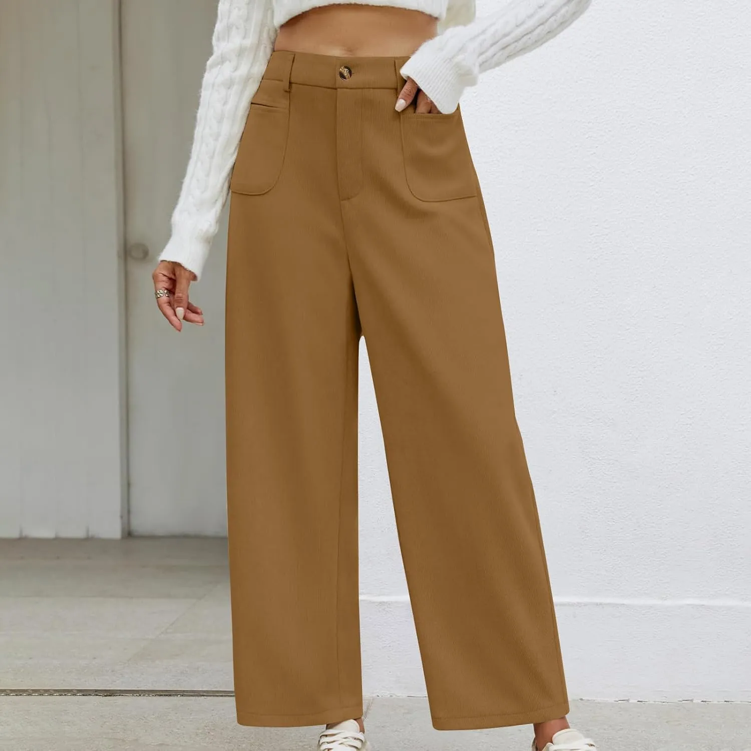 Women's Corduroy Pants High Waist Straight Leg Pant Casual Elastic Waist Sweatpants Stretchy Loose Wide Leg Trousers
