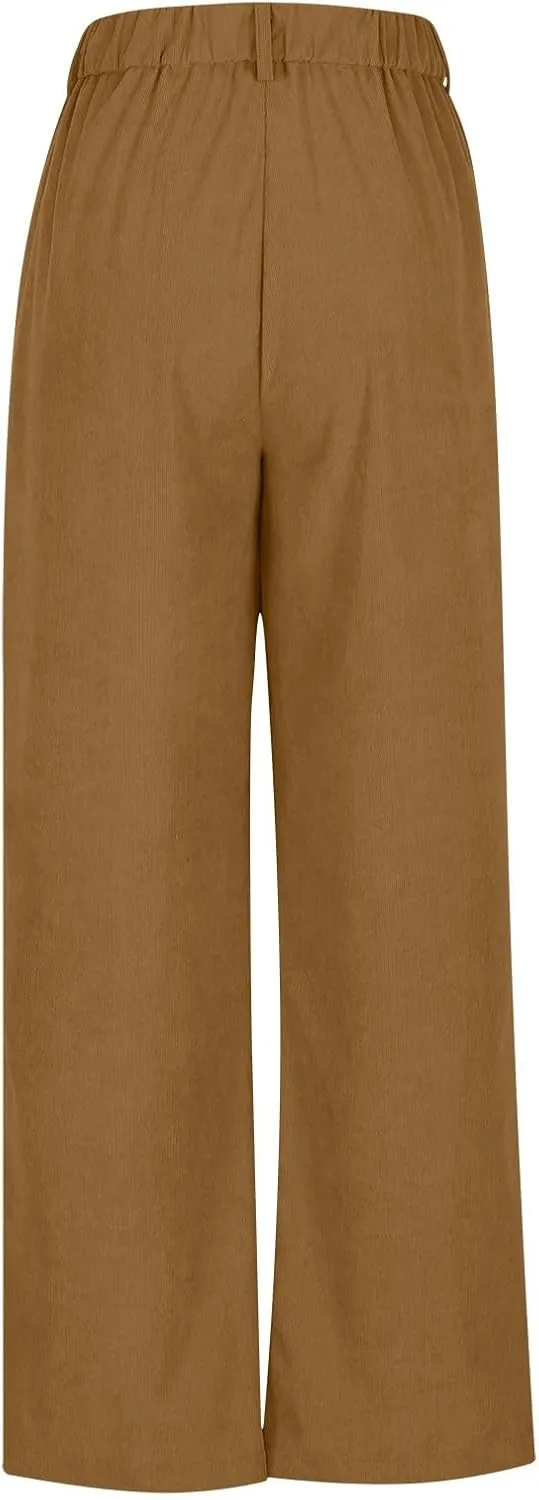 Women's Corduroy Pants High Waist Straight Leg Pant Casual Elastic Waist Sweatpants Stretchy Loose Wide Leg Trousers