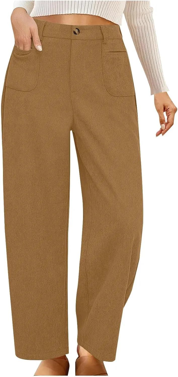 Women's Corduroy Pants High Waist Straight Leg Pant Casual Elastic Waist Sweatpants Stretchy Loose Wide Leg Trousers