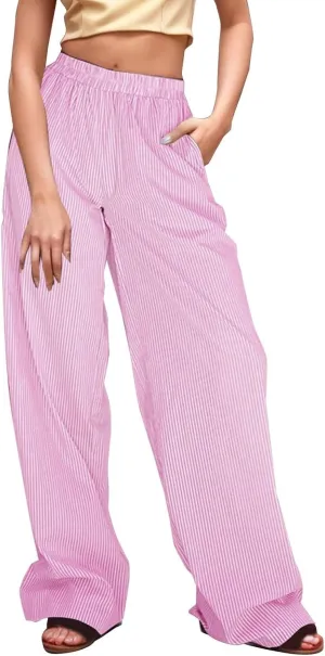 Womens Cotton Linen Casual Pants 2024 Summer Trendy Loose Fit Wide Leg Y2k Striped Trousers Elastic High Waist Fashion Pants