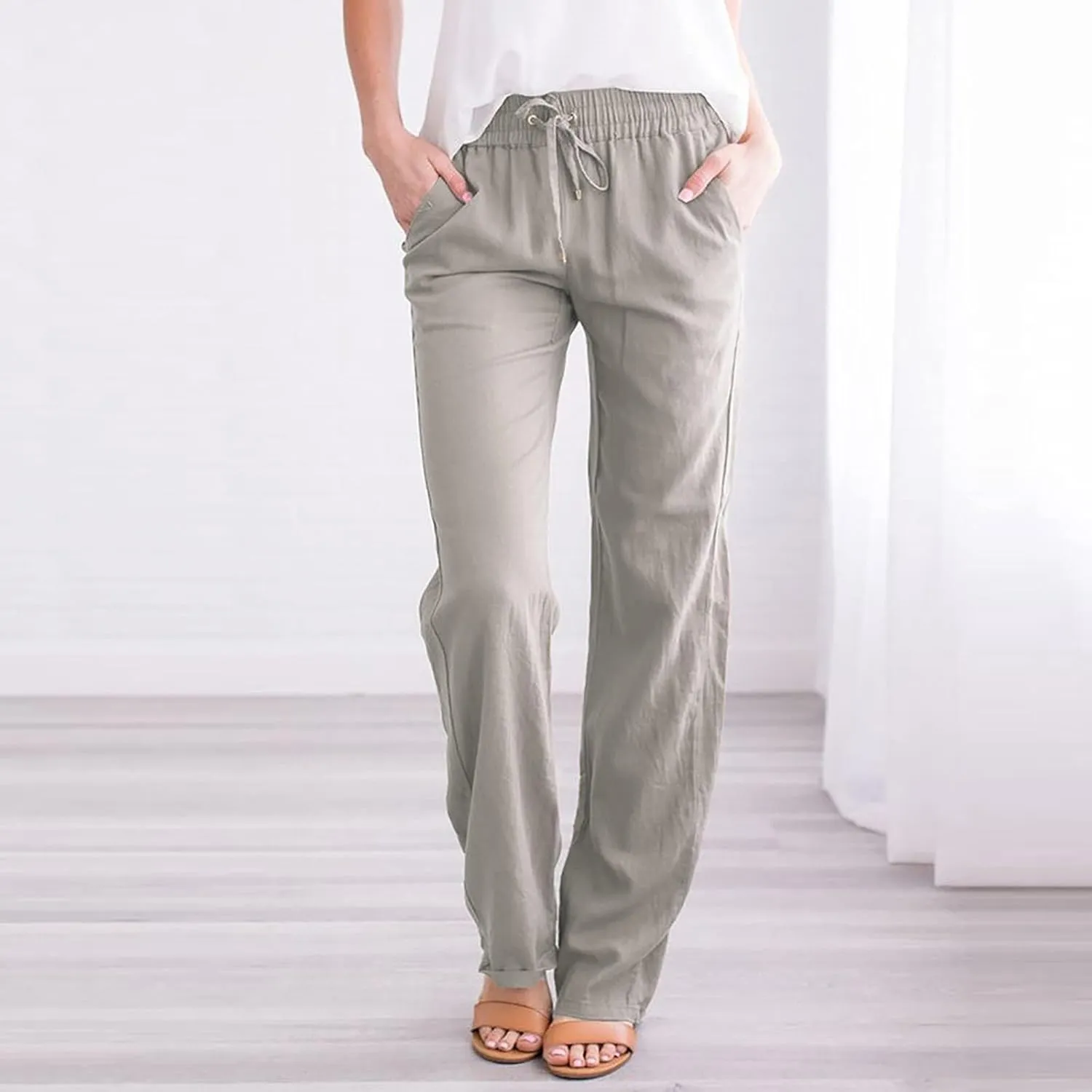 Womens Cotton Linen Pants 2025 Casual Elastic High Waisted Straight Leg Lounge Pant Summer Long Trousers with Pockets