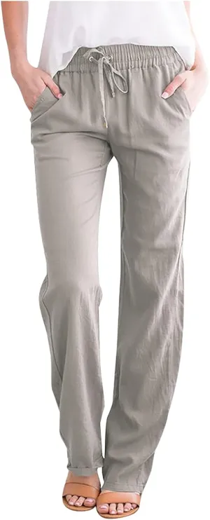 Womens Cotton Linen Pants 2025 Casual Elastic High Waisted Straight Leg Lounge Pant Summer Long Trousers with Pockets