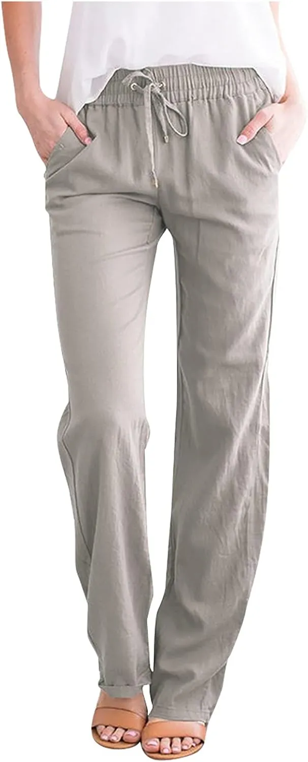 Womens Cotton Linen Pants 2025 Casual Elastic High Waisted Straight Leg Lounge Pant Summer Long Trousers with Pockets