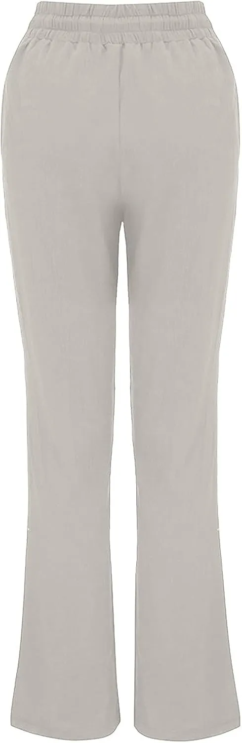 Womens Cotton Linen Pants 2025 Casual Elastic High Waisted Straight Leg Lounge Pant Summer Long Trousers with Pockets