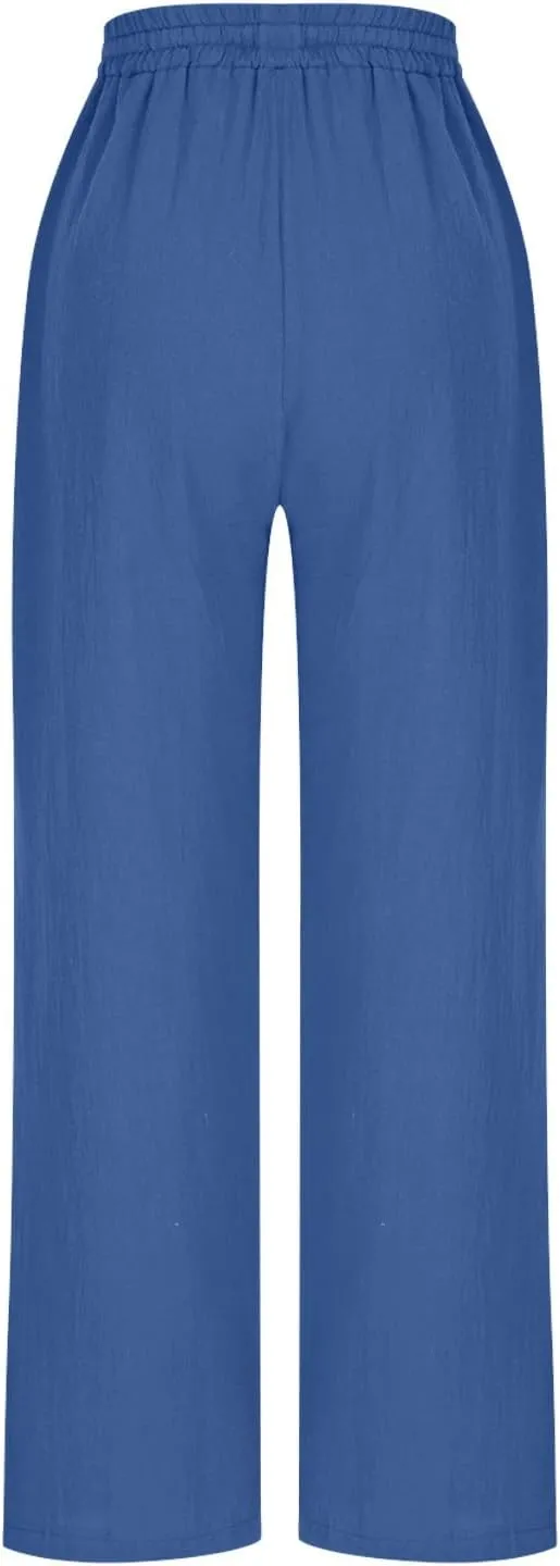 Womens Cotton Linen Pants Drawstring Elastic Waist Straight Leg Loose Fit Summer Trousers Palazzo Pants with Pockets