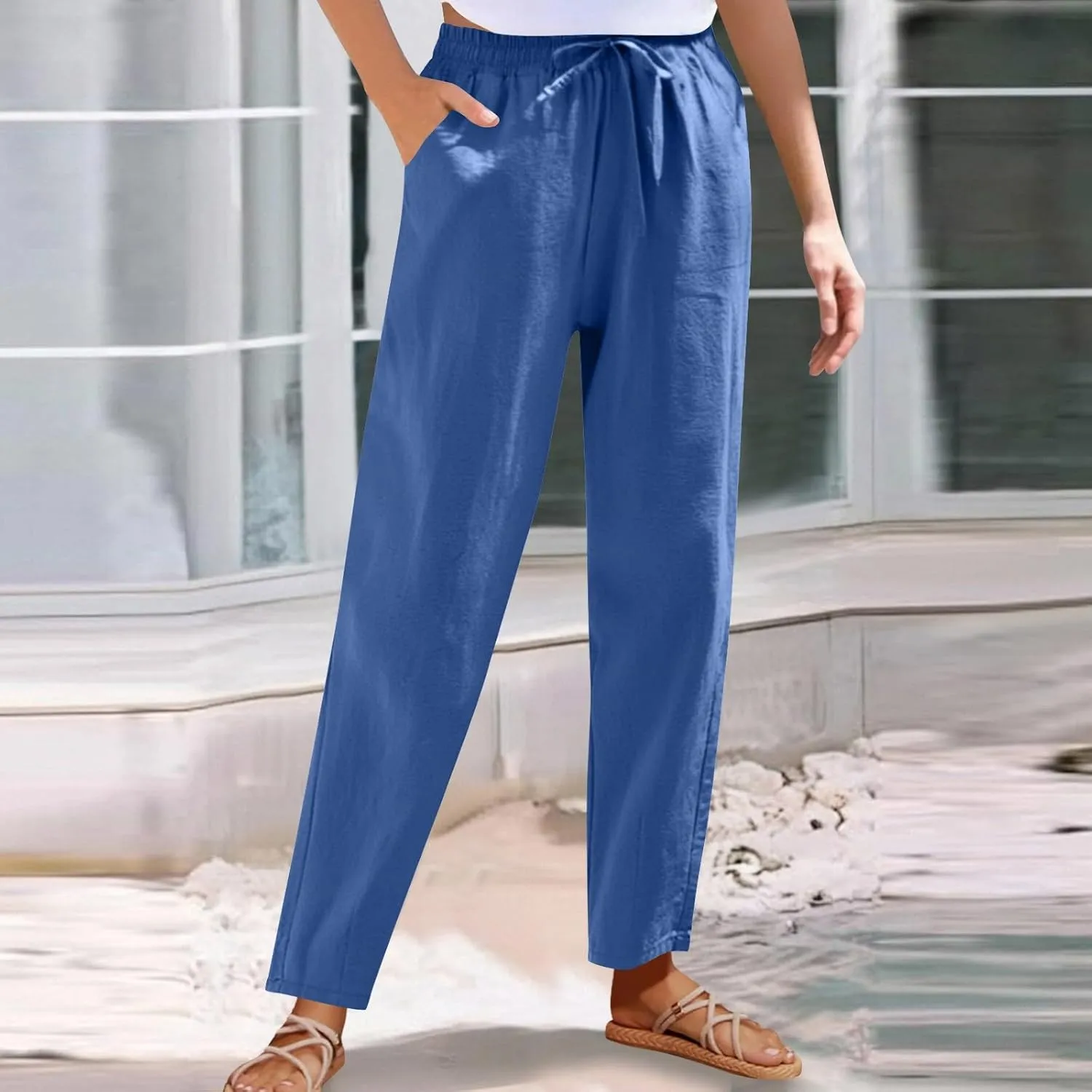 Womens Cotton Linen Pants Drawstring Elastic Waist Straight Leg Loose Fit Summer Trousers Palazzo Pants with Pockets