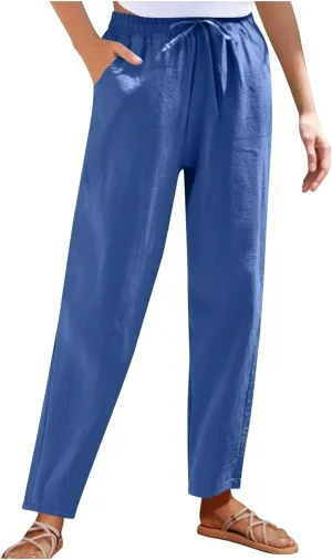 Womens Cotton Linen Pants Drawstring Elastic Waist Straight Leg Loose Fit Summer Trousers Palazzo Pants with Pockets