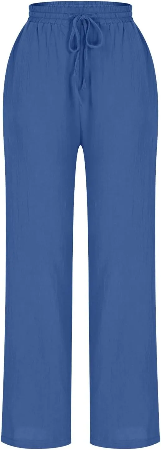 Womens Cotton Linen Pants Drawstring Elastic Waist Straight Leg Loose Fit Summer Trousers Palazzo Pants with Pockets