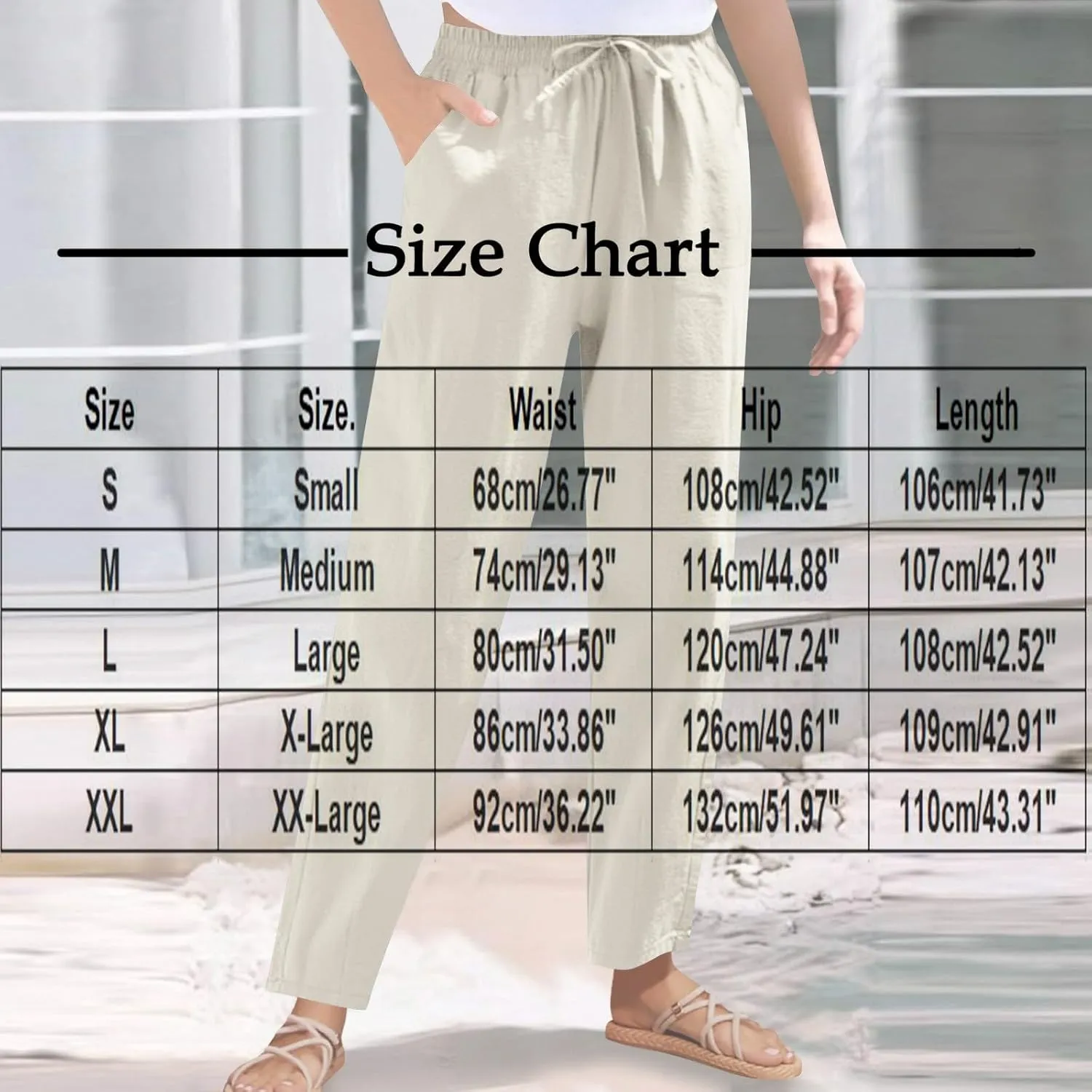 Womens Cotton Linen Pants Drawstring Elastic Waist Straight Leg Loose Fit Summer Trousers Palazzo Pants with Pockets