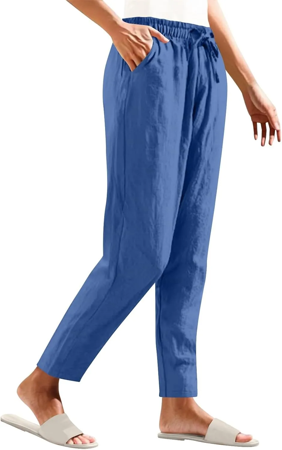 Womens Cotton Linen Pants Drawstring Elastic Waist Straight Leg Loose Fit Summer Trousers Palazzo Pants with Pockets