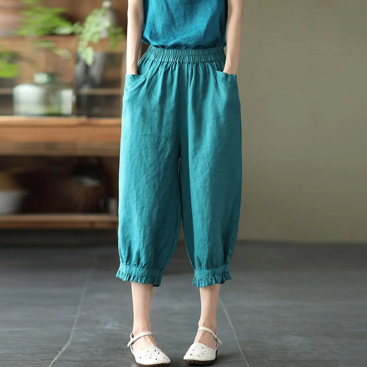 Women's Cotton Linen Pants High Waist Elastic Trousers Lightweight Loose Fit Ruffle Cropped Summer Pant 3/4 Trousers