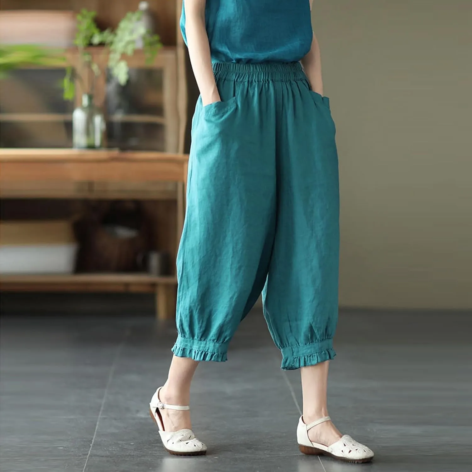 Women's Cotton Linen Pants High Waist Elastic Trousers Lightweight Loose Fit Ruffle Cropped Summer Pant 3/4 Trousers